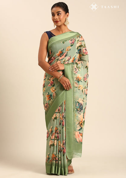 Dusty Green Floral Printed Georgette Saree