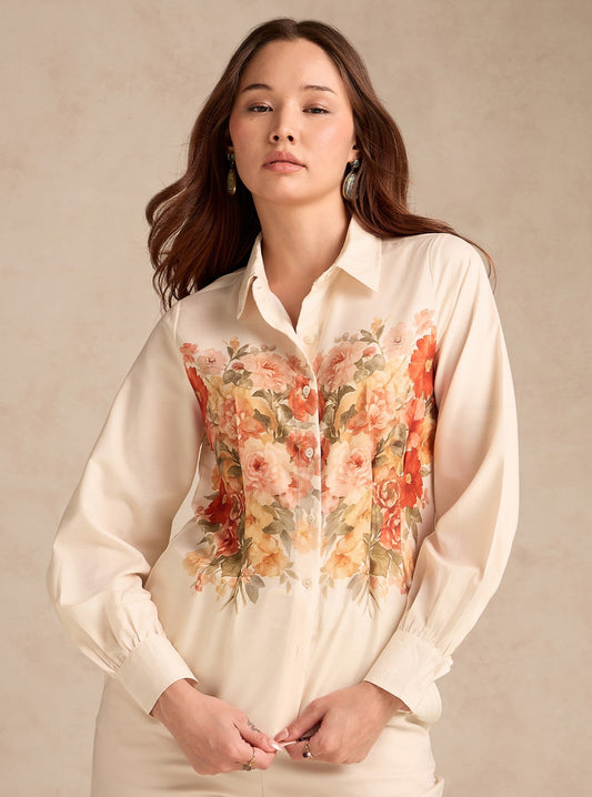 Off White Cinched Waist Printed Shirt