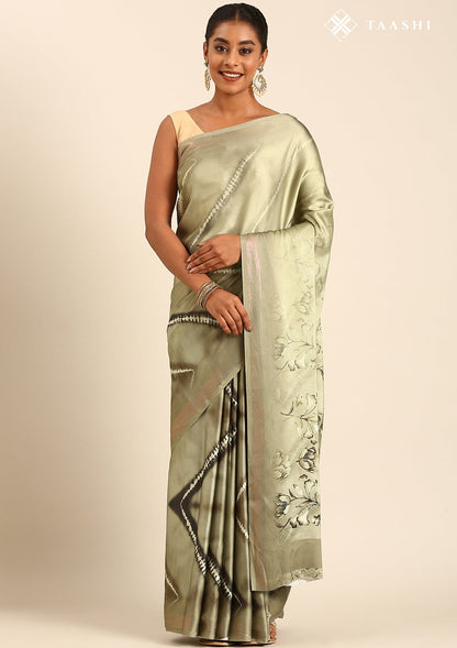 Sage Green Zigzag Leheriya Printed Satin Saree