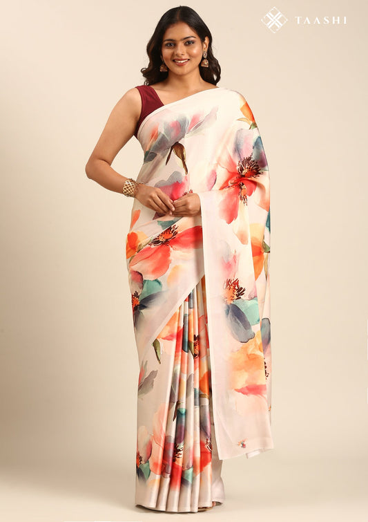 Beige Watercolor Floral Digital Printed Satin Saree