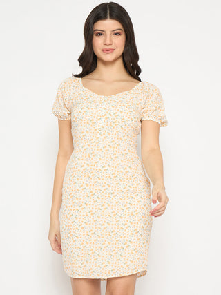 Madame Printed Half Sleeve Yellow Midi Sheath Dress