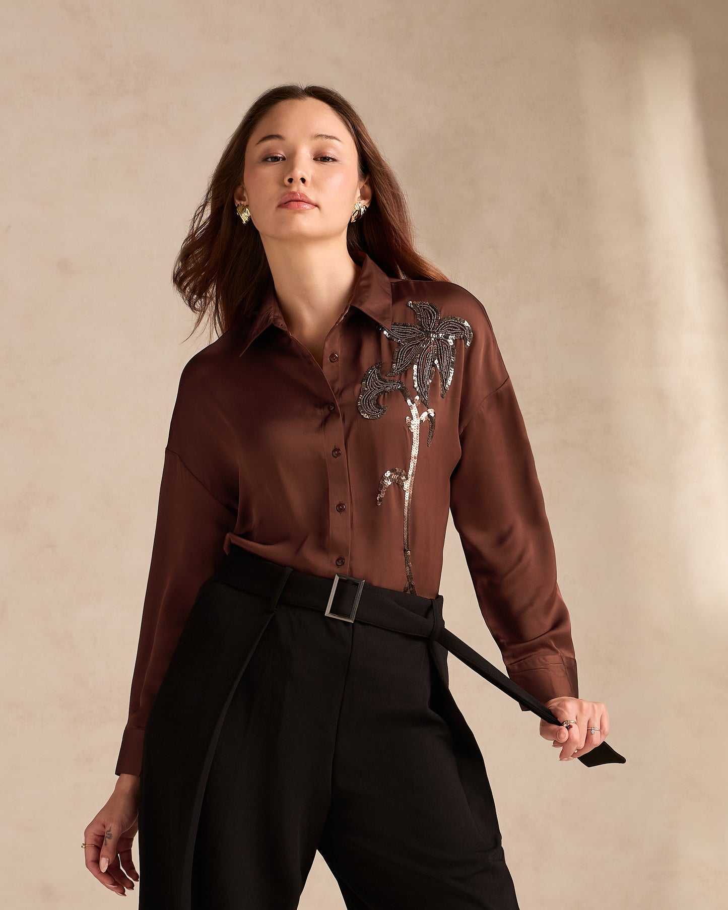 Brown Oversized Embroidered Satin Shirt