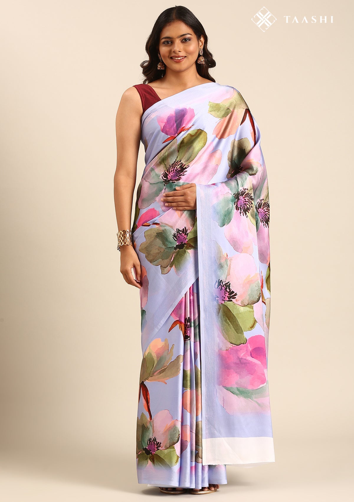 Violet Watercolor Floral Digital Printed Satin Saree