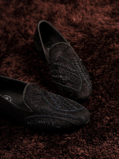 Monkstory Hand-Embroidered Embellished Slip-Ons - Black