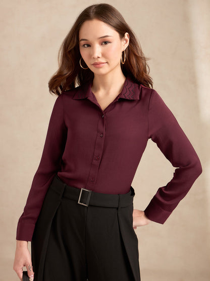 Wine Regular Satin Shirt With Embellished Collar