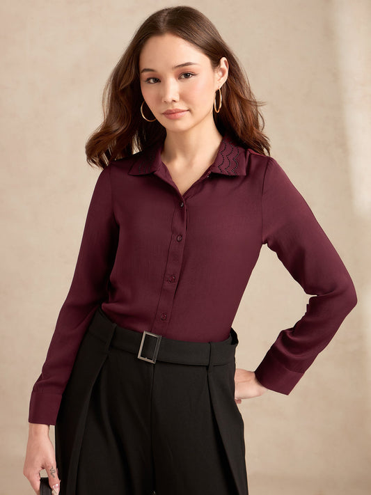 Wine Regular Satin Shirt With Embellished Collar