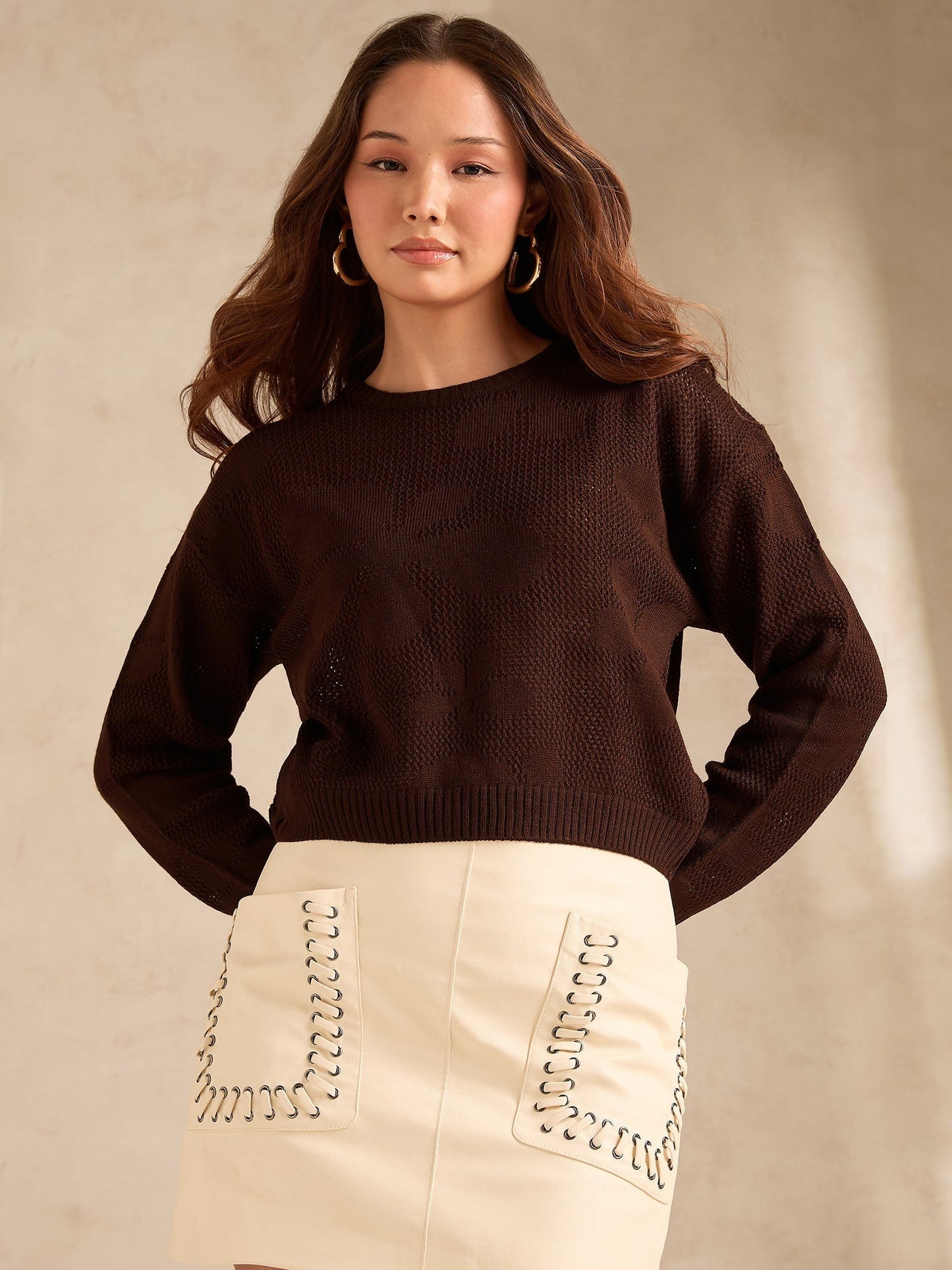 Brown Bold Floral Print Sweater