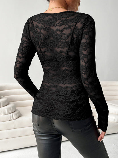 Black Full Sleeve Plunging Neck Mesh Top