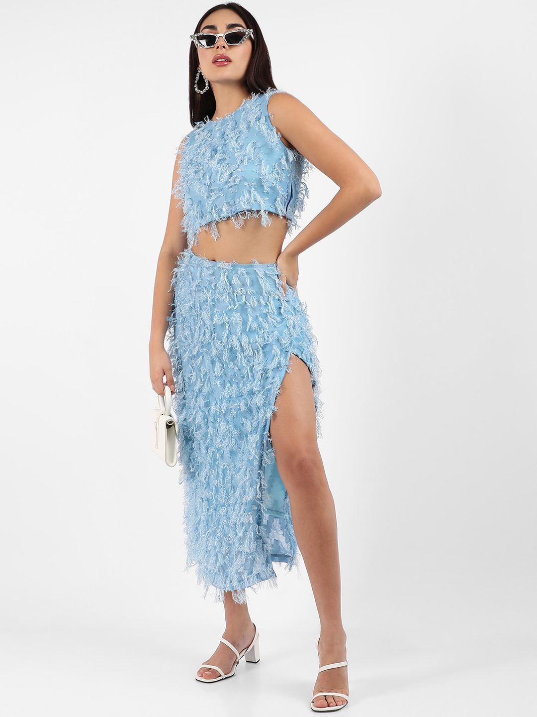 Blue Self-Design Crop Top With Maxi Skirt