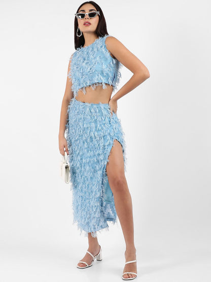 Blue Self-Design Crop Top With Maxi Skirt