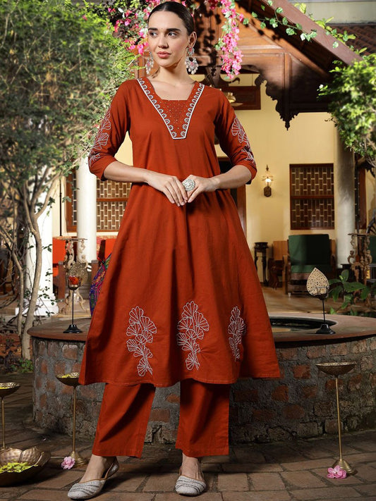 Women Embroidered Empire Sequinned Pure Cotton Kurta with Trousers