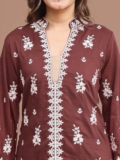 Embroidered Mandarin Collar Tunic With Trousers Co-Ords Set