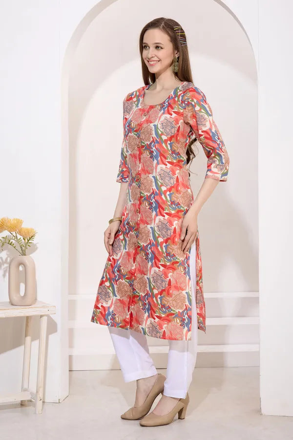 Tomato Linen Cotton Round Neck Women Long Kurta