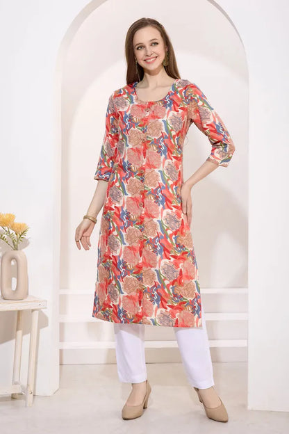 Tomato Linen Cotton Round Neck Women Long Kurta