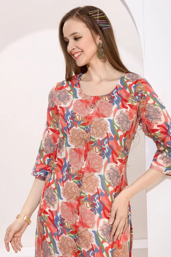 Tomato Linen Cotton Round Neck Women Long Kurta