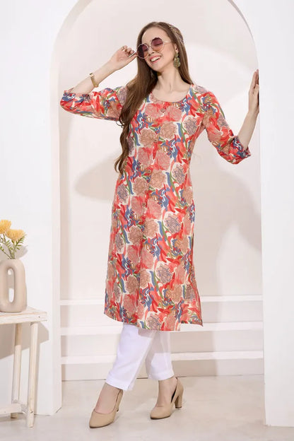 Tomato Linen Cotton Round Neck Women Long Kurta