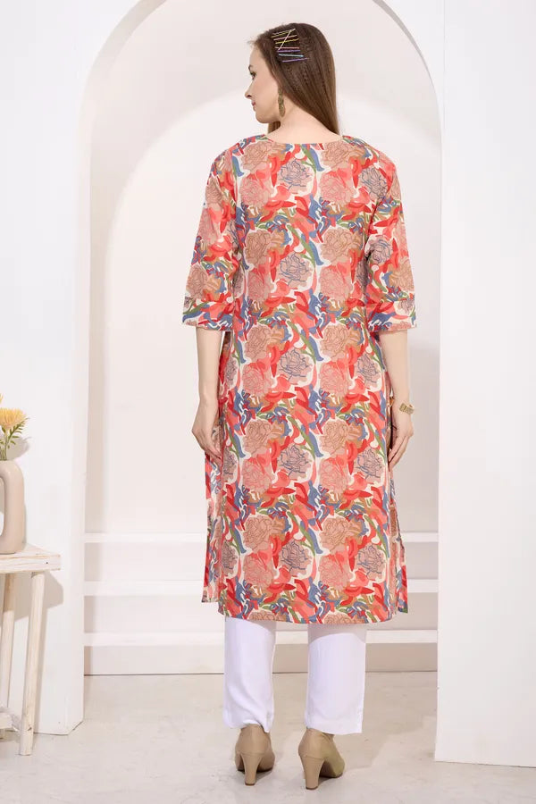 Tomato Linen Cotton Round Neck Women Long Kurta