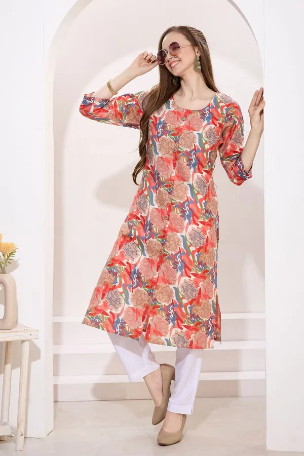 Tomato Linen Cotton Round Neck Women Long Kurta
