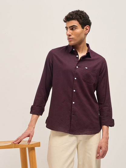 Men Slim Fit Solid Spread Collar Casual Cotton Linen Shirt