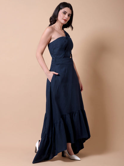 Asymmetric One-Shoulder Maxi Dress | Navy Blue