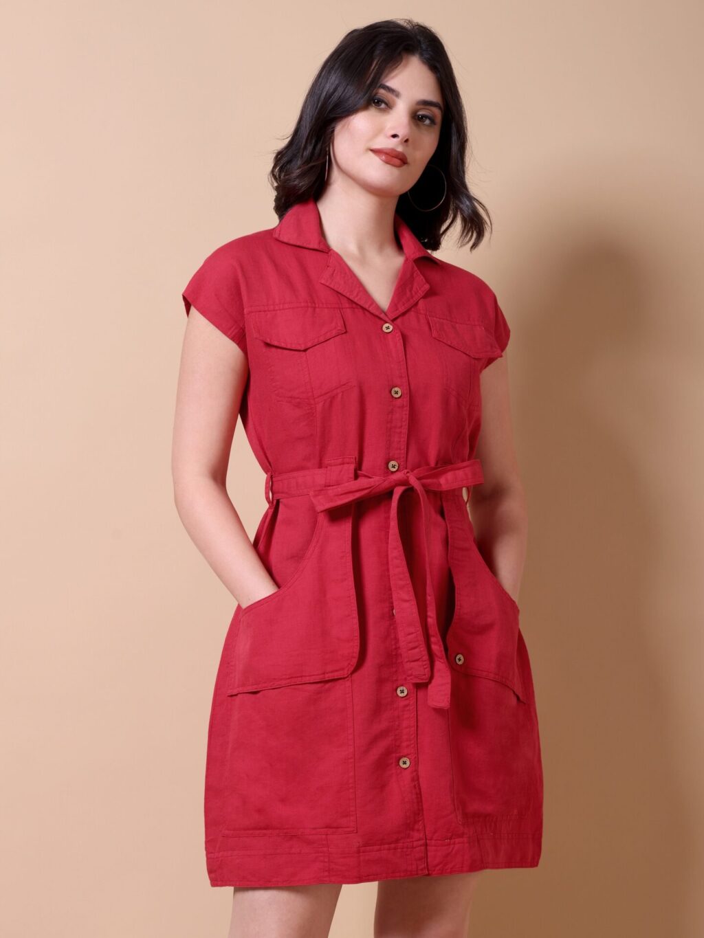 Belted Shirt Mini Dress | Red