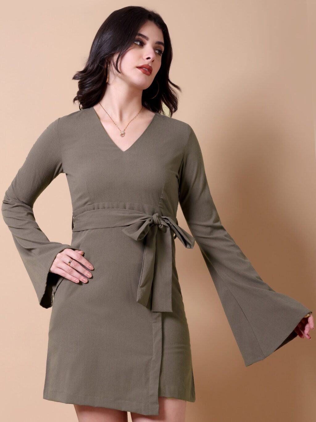 Bell Sleeve Fit and Flare Mini Dress | Brown