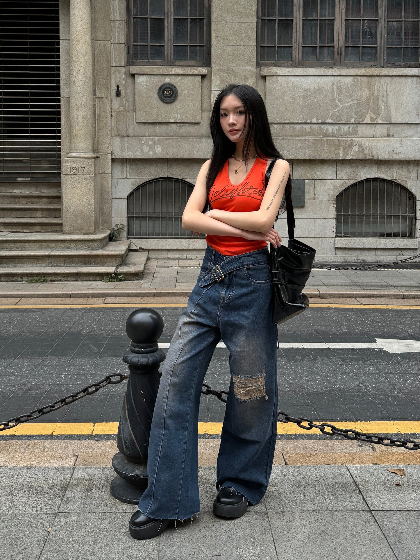 Off Beat Distressed Blue Baggy Jeans