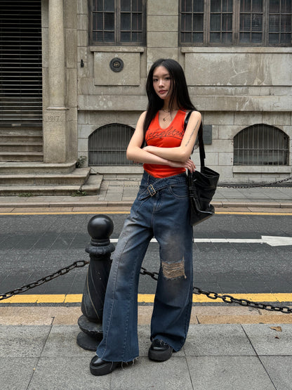 Off Beat Distressed Blue Baggy Jeans