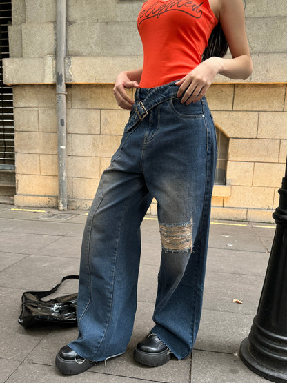 Off Beat Distressed Blue Baggy Jeans
