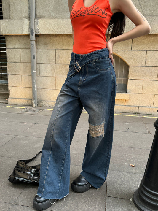 Off Beat Distressed Blue Baggy Jeans