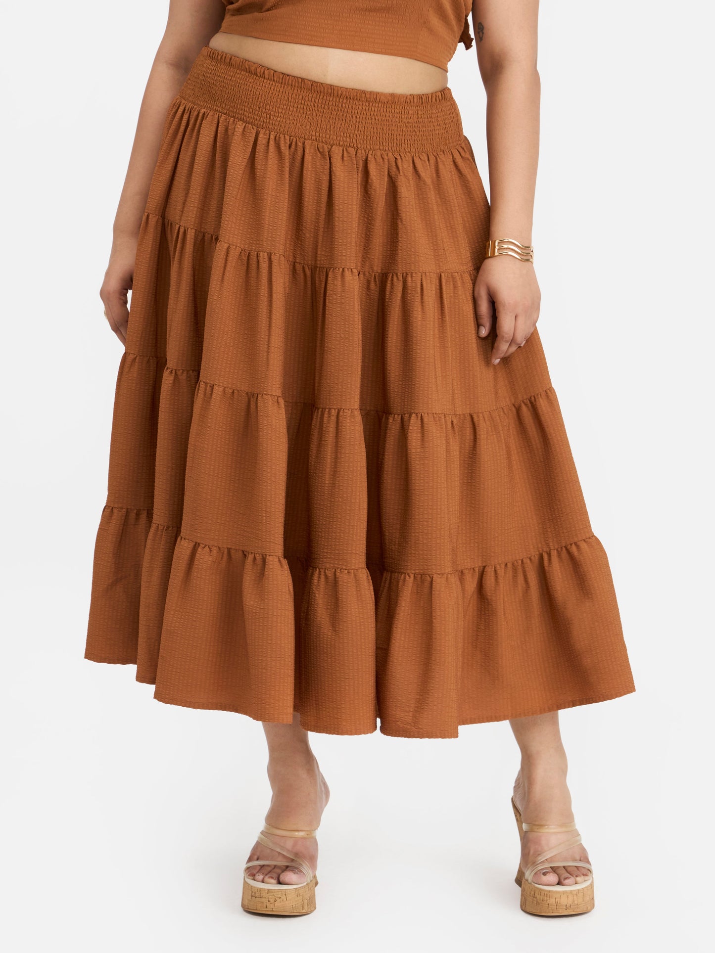 Bubble Crepe Tiered Boho Maxi Skirt