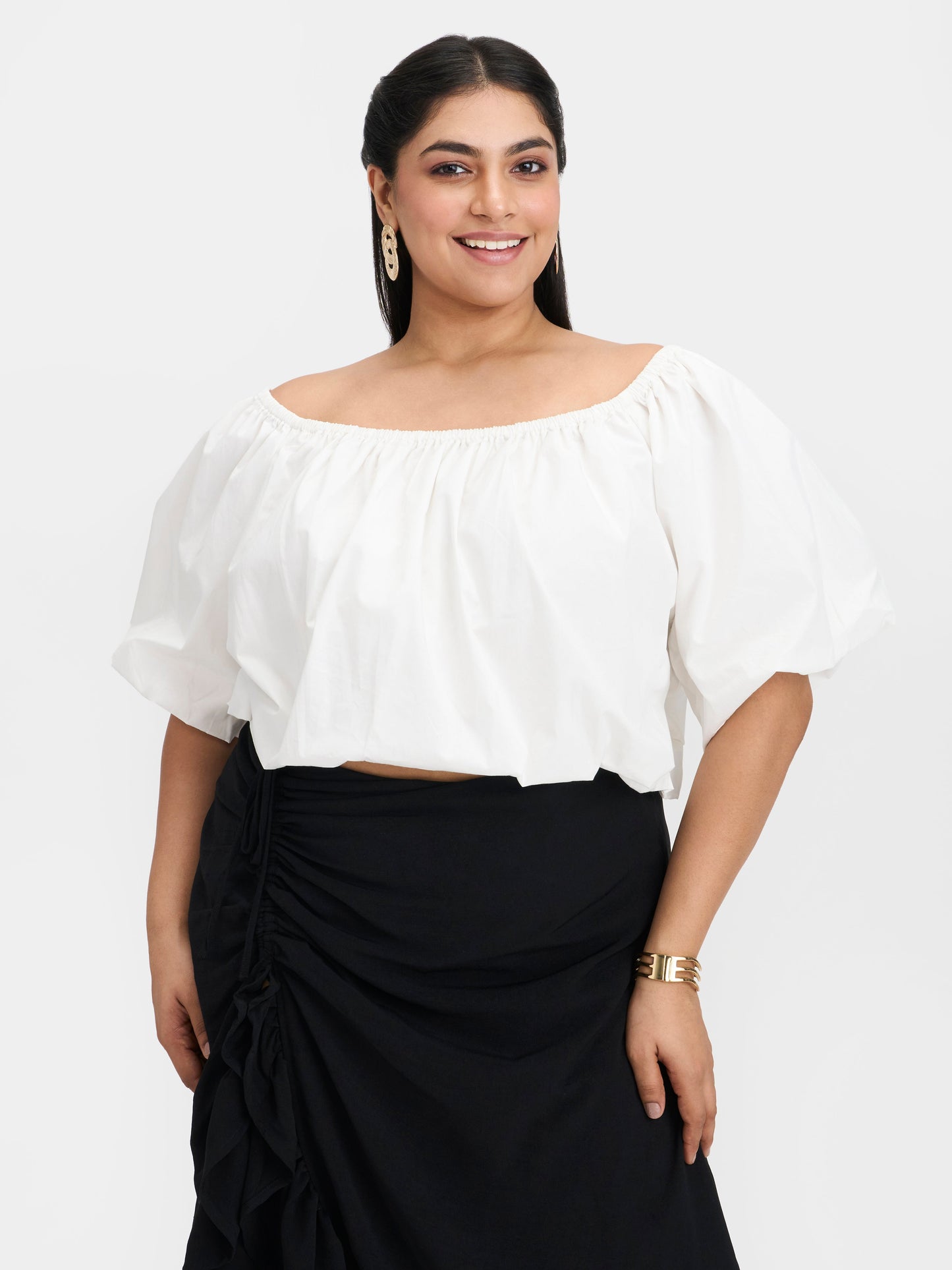 100% Cotton Off-Shoulder Bubble Crop Top