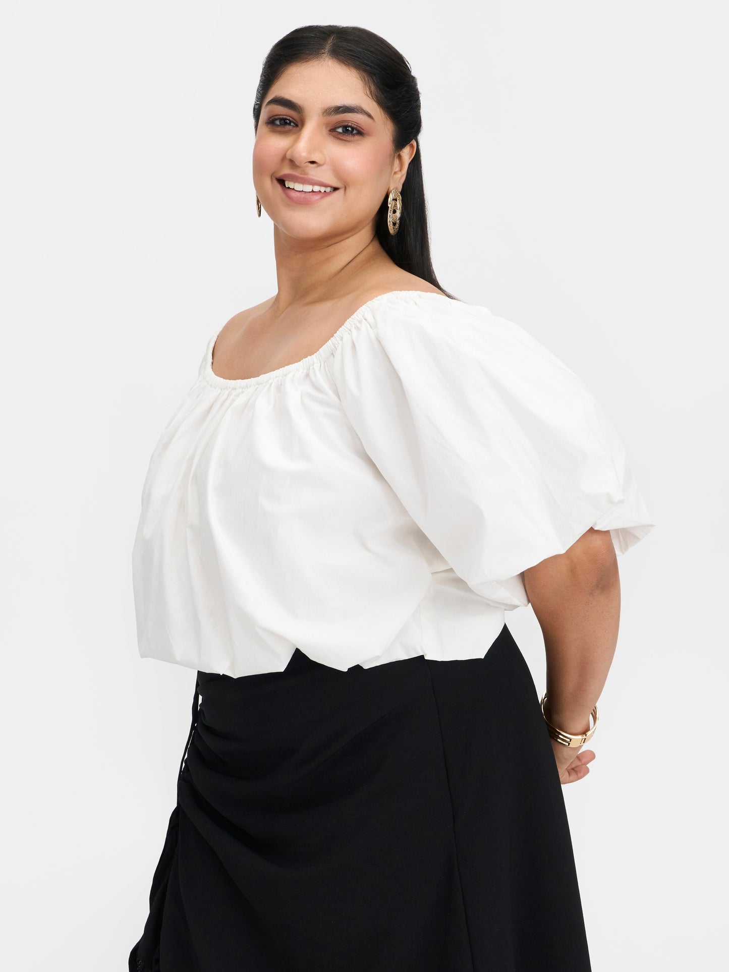 100% Cotton Off-Shoulder Bubble Crop Top