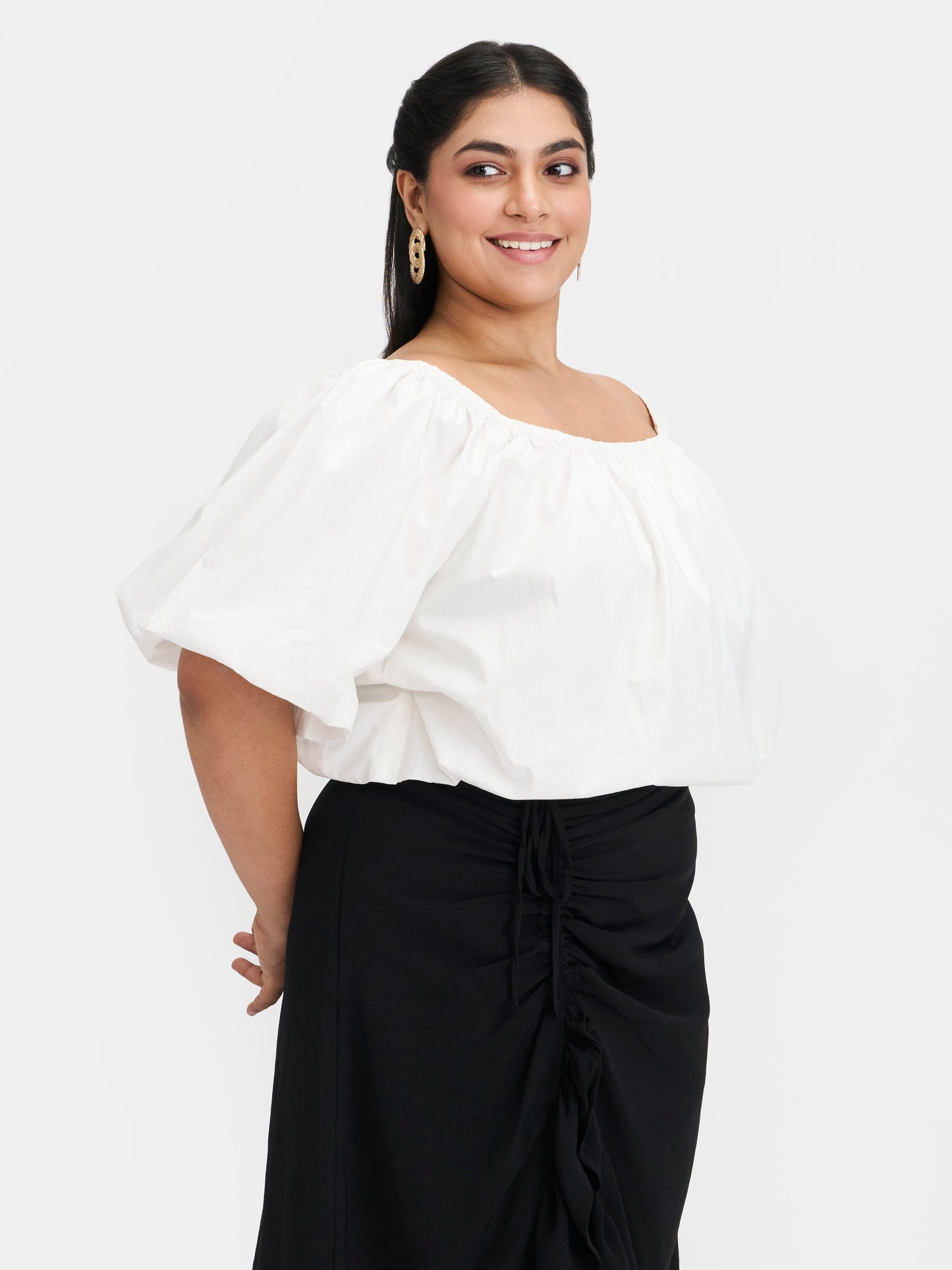 100% Cotton Off-Shoulder Bubble Crop Top