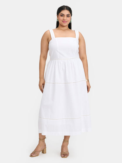 100% Cotton Lace Panel Midi Dress