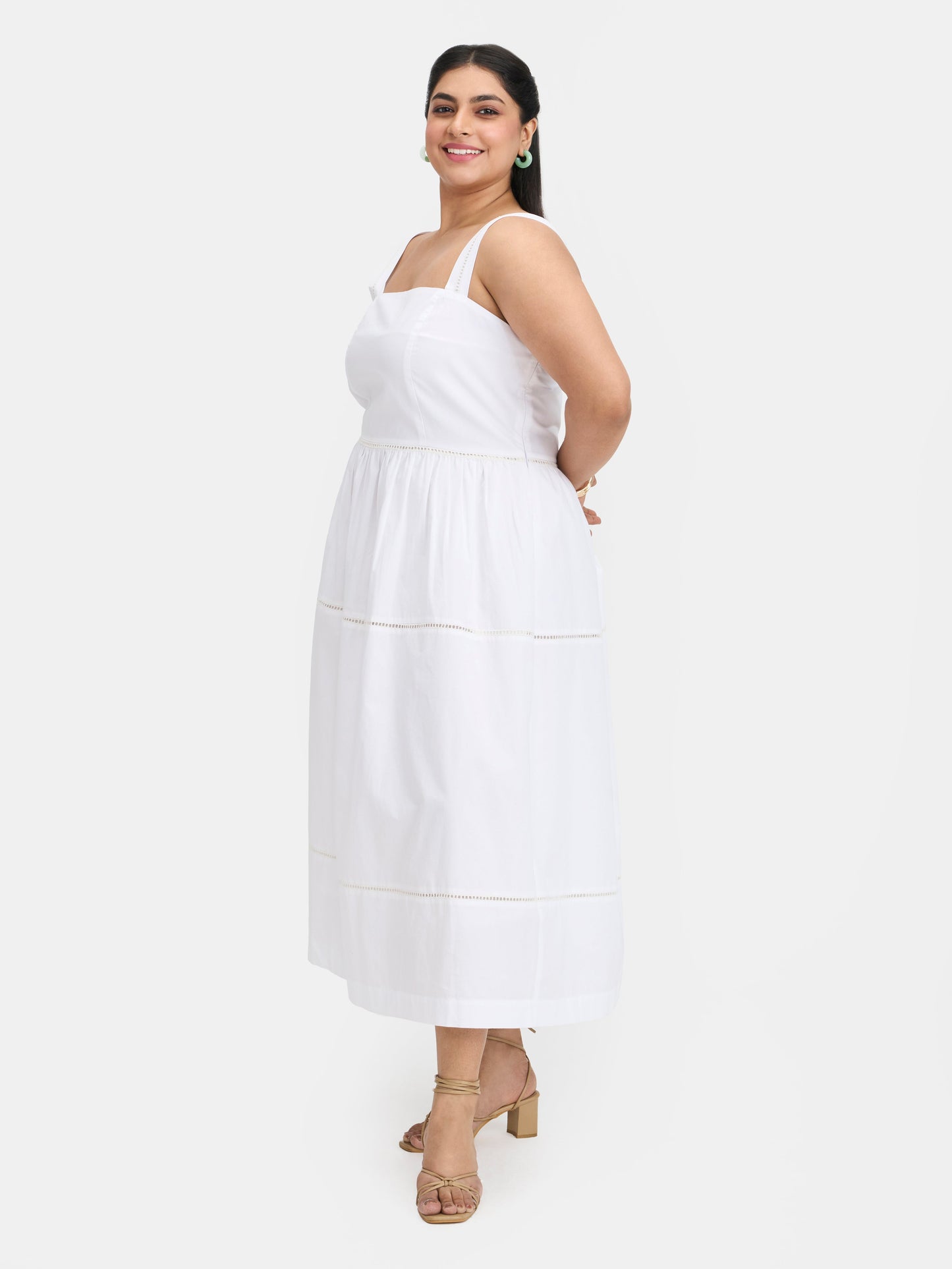 100% Cotton Lace Panel Midi Dress