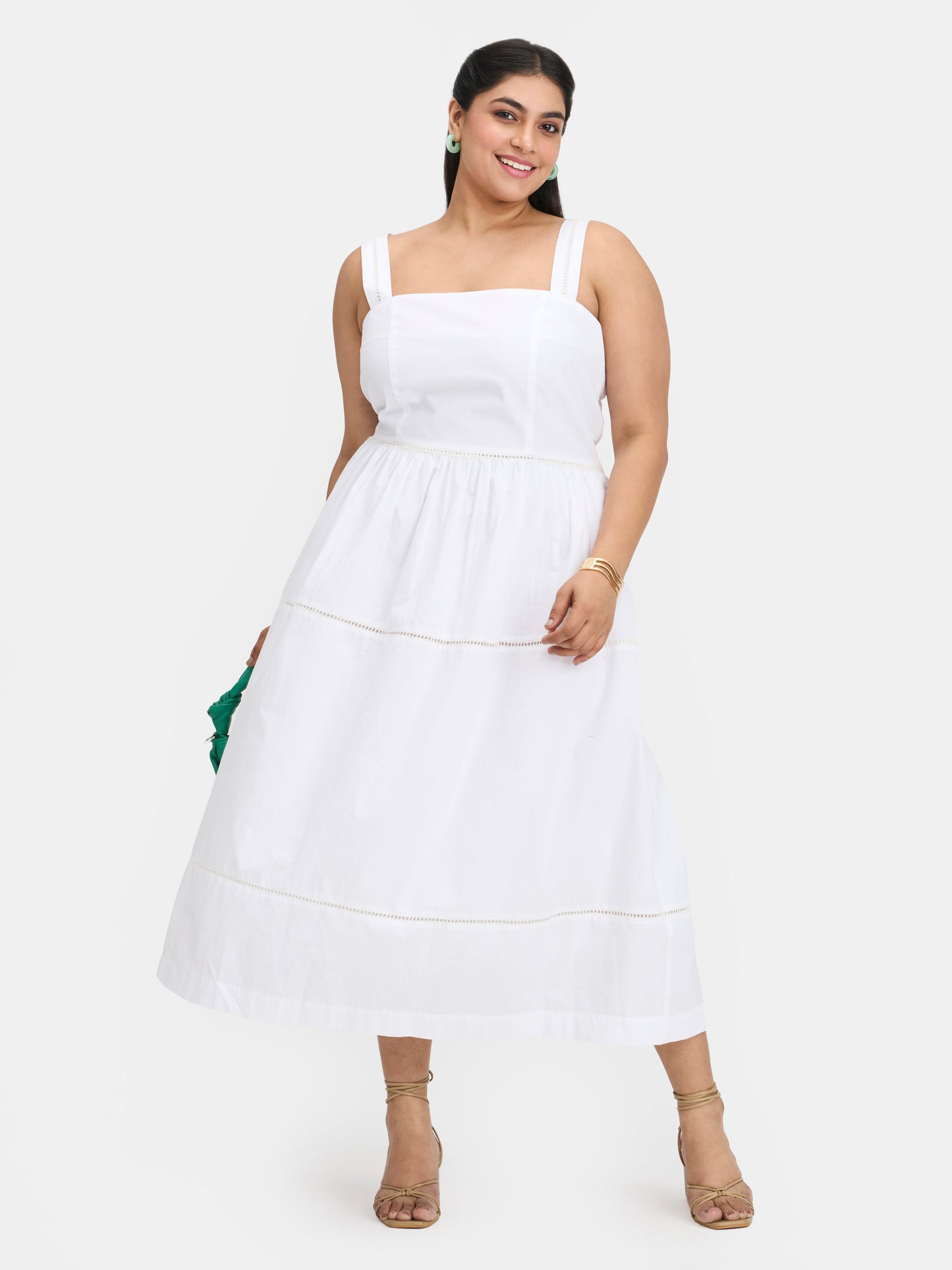 100% Cotton Lace Panel Midi Dress