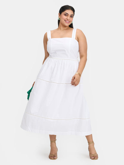 100% Cotton Lace Panel Midi Dress