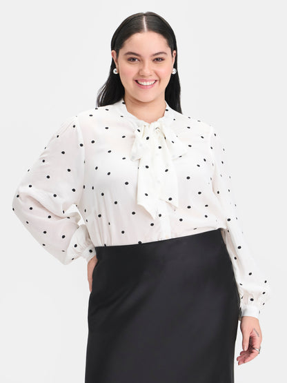 100% Viscose Polka Dot Tie-Neck Top