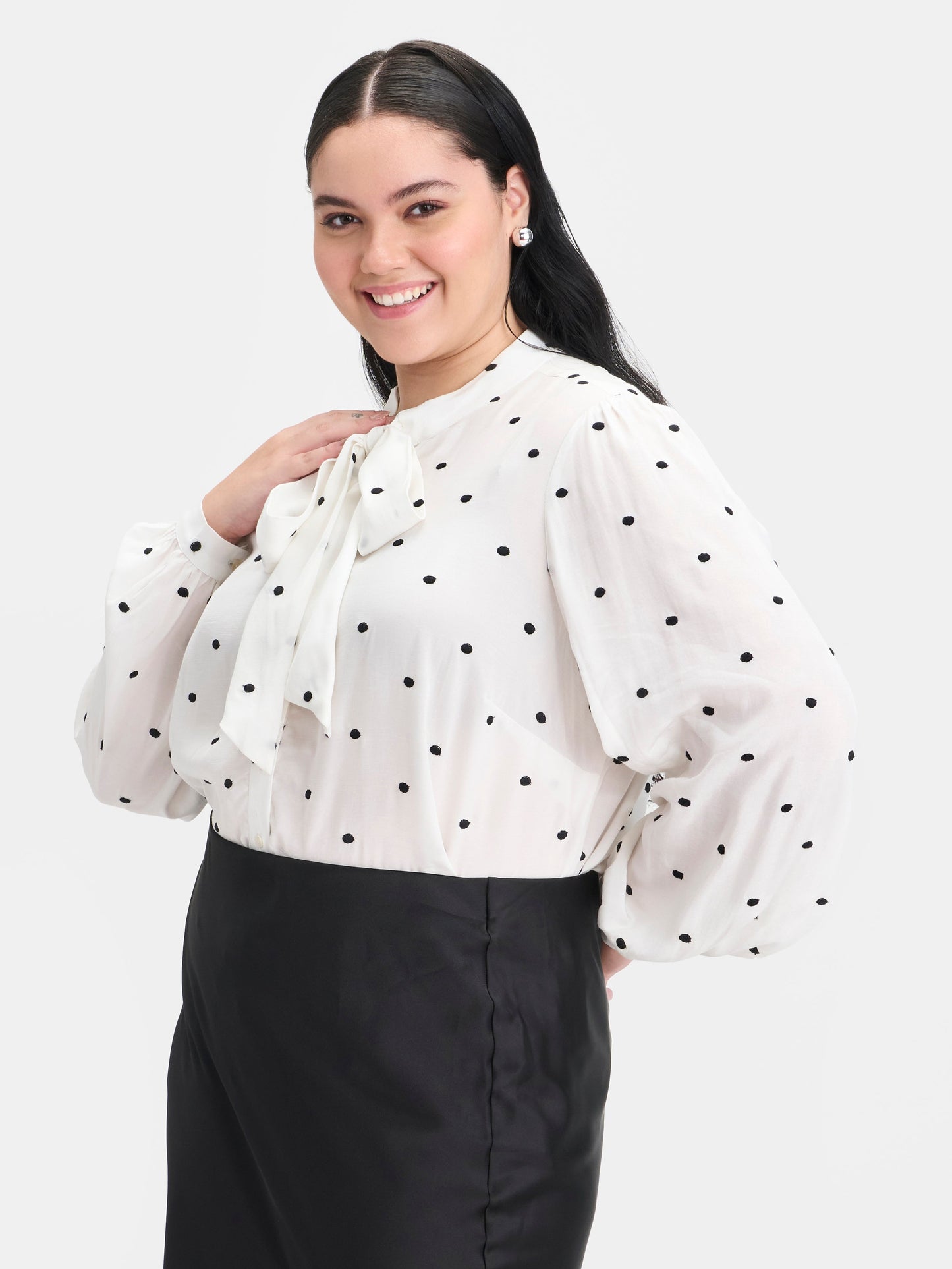 100% Viscose Polka Dot Tie-Neck Top