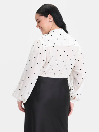 100% Viscose Polka Dot Tie-Neck Top