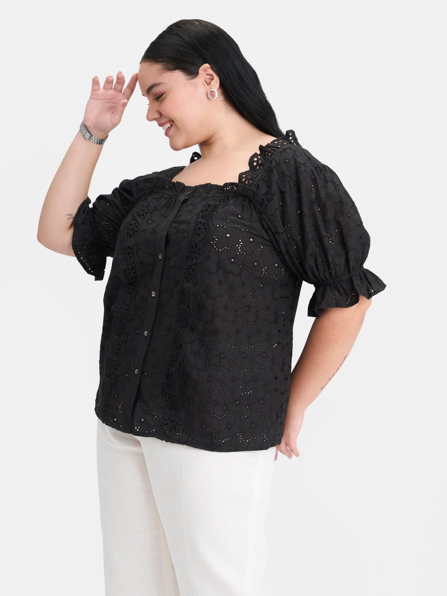 100% Cotton Puff Sleeve Lace Top