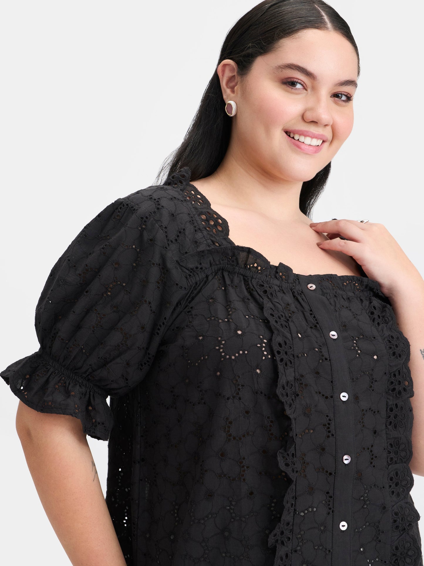 100% Cotton Puff Sleeve Lace Top