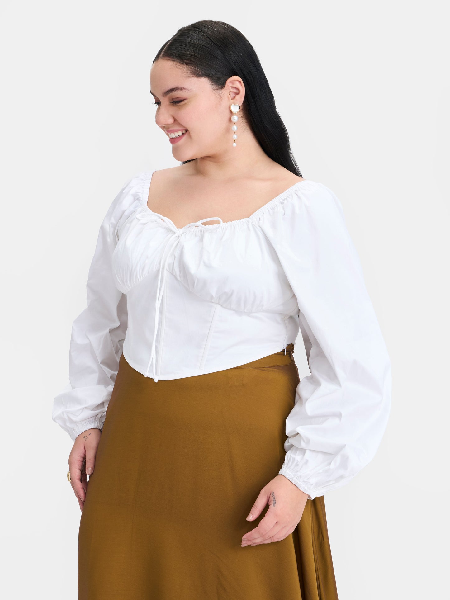 100% Cotton Ruched Blouson Sleeve Top