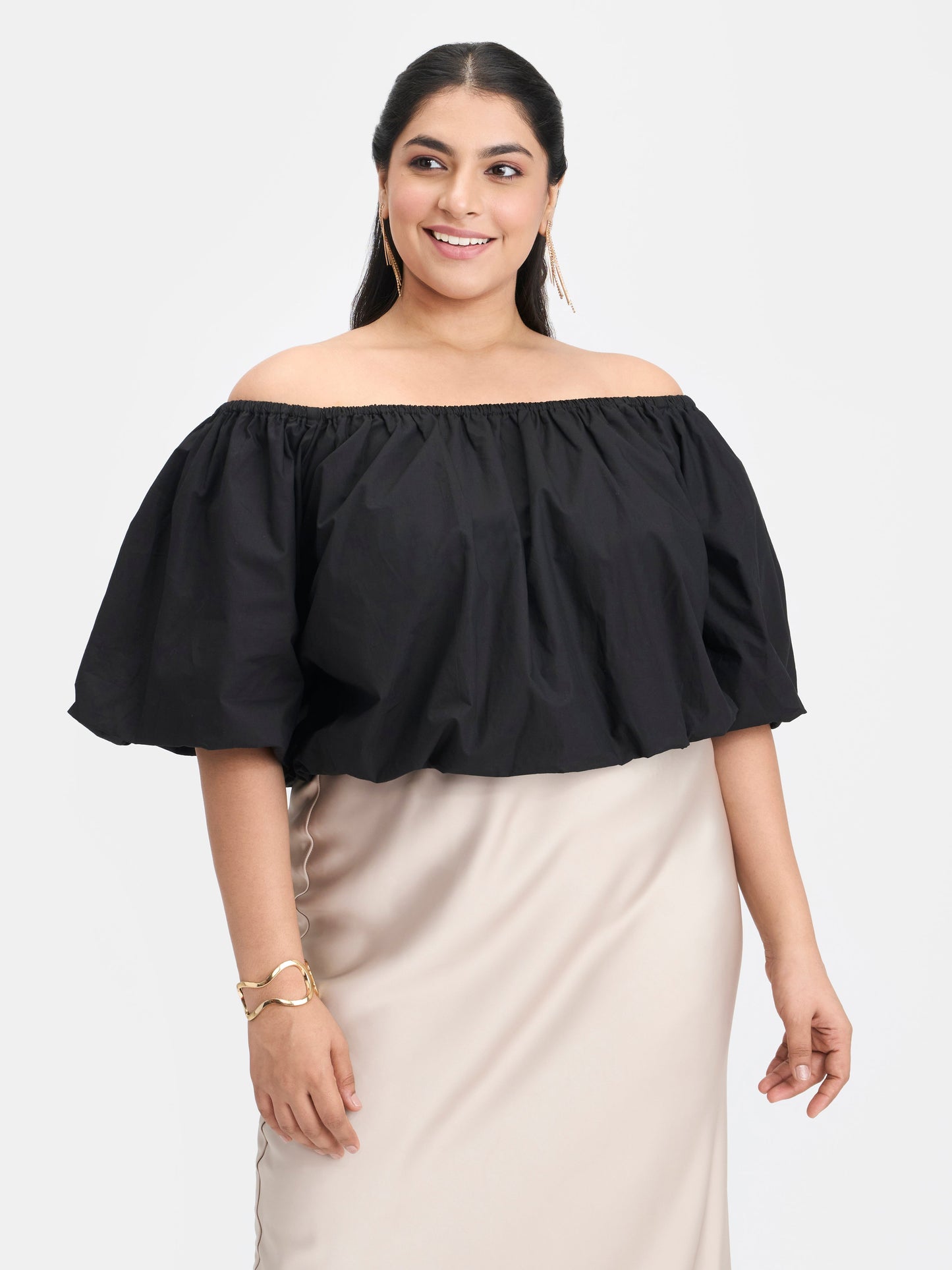 100% Cotton Off-Shoulder Bubble Crop Top