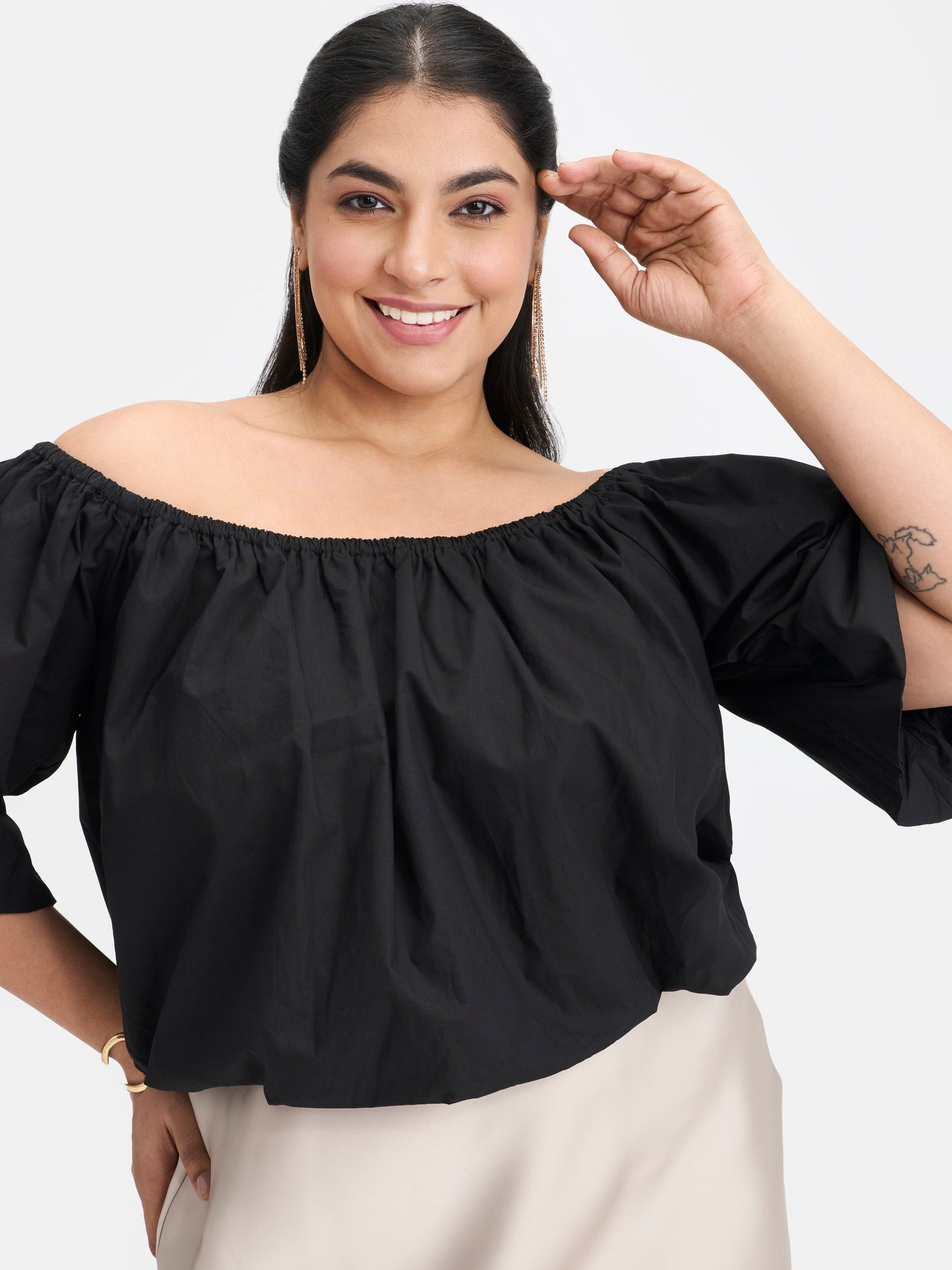 100% Cotton Off-Shoulder Bubble Crop Top
