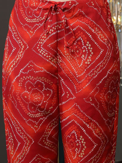 Women Bandhani Printed Regular Sequinned Kurta with Trousers & With Dupatta