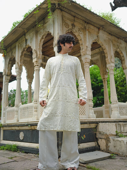 Cream Thread And Mirror Work Long Kurta