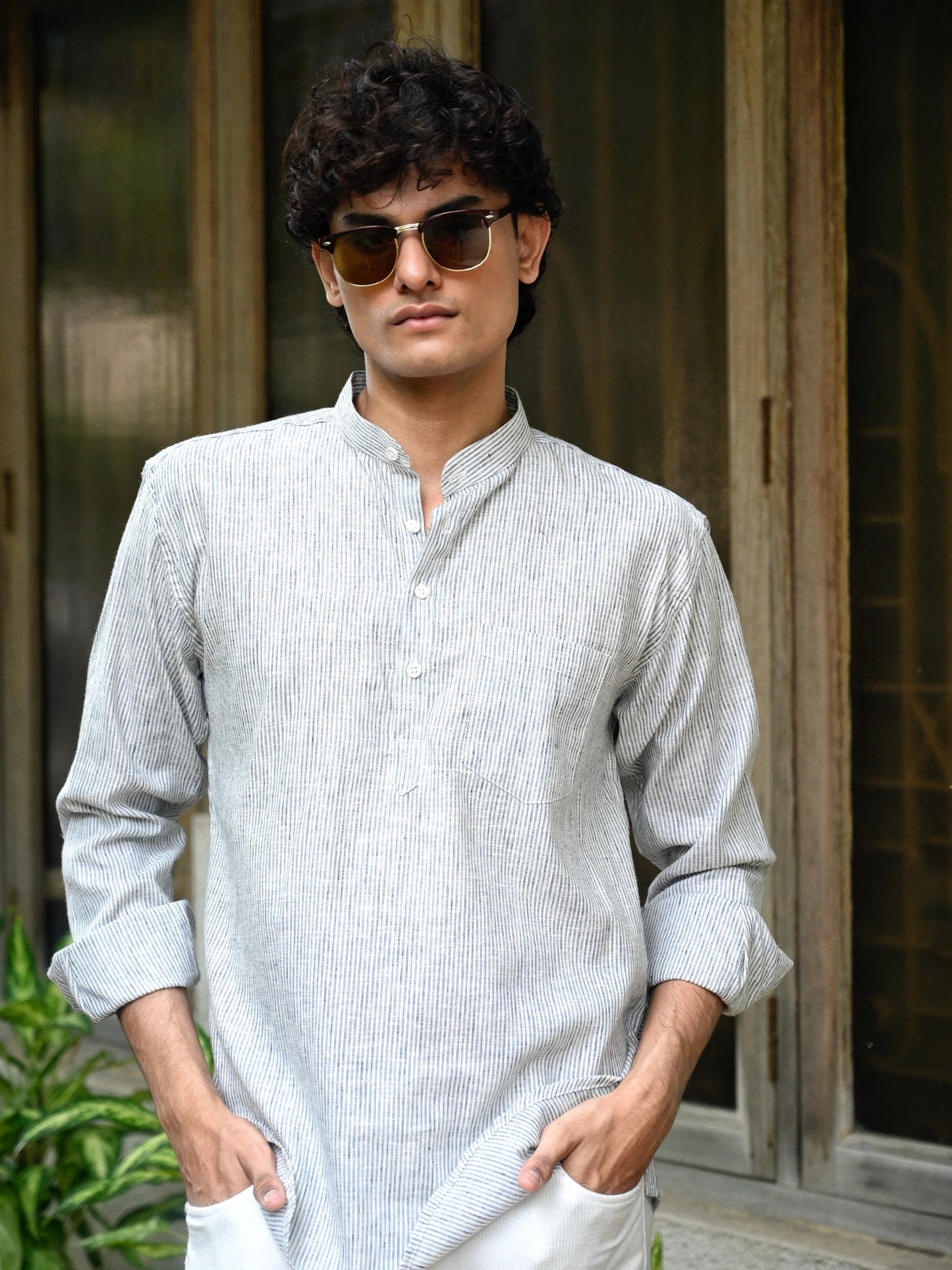 Grey Lining Cotton Yarn Dyed Short Kurta