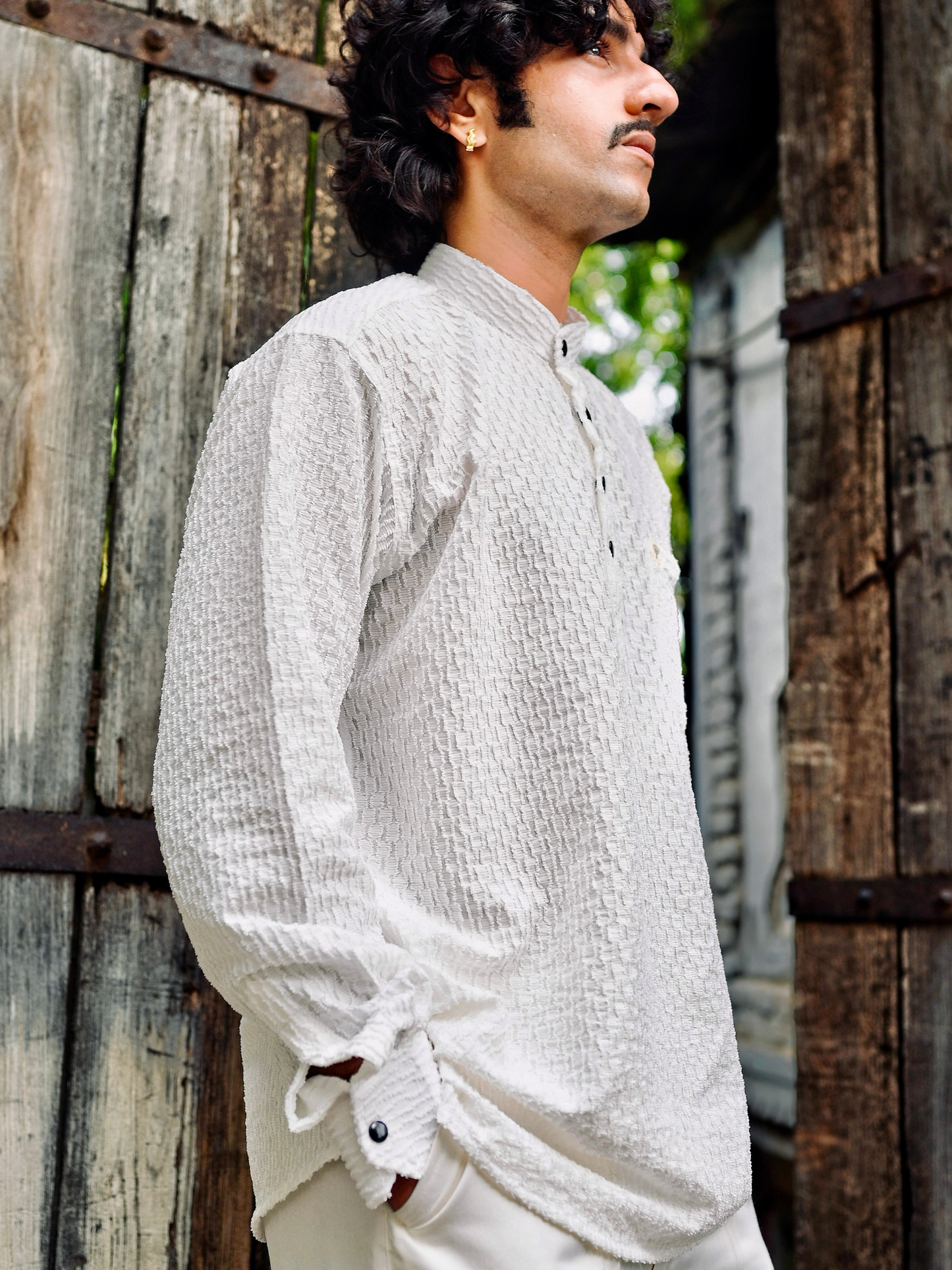 White Texture Weave Short Kurta